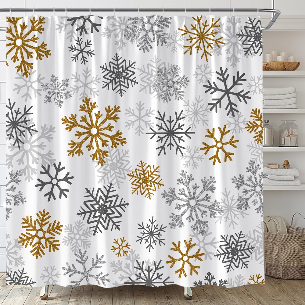ABONAN Christmas Shower Curtain Golden Snowflake Winter Grey Merry Xmas Holiday Fabric Bathroom Curtain Decor Bath Set with Hooks(47" WX70 H)