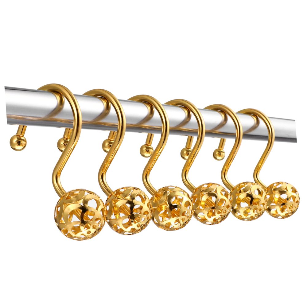 PRETYZOOM 12 Pcs Decorative Shower Curtain Hooks with Hollow Bead Design Low Noise Bath Curtain Rings Resistant Electroplated Hooks for Bathroom Drapery
