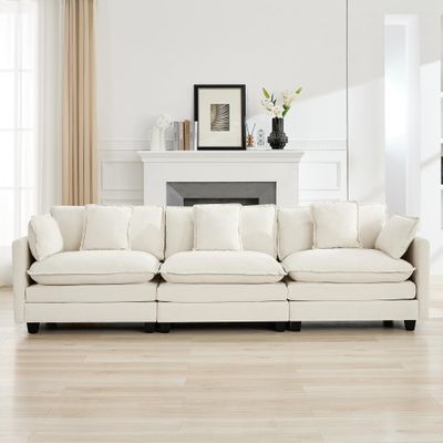 111'' Sectional Cloud Deep Seat Couch, Modern Comfy Chenille Modular Sectional Sofa for Living Room Set, Upholstered Modular 3-Seats Sofa Couch, Beige