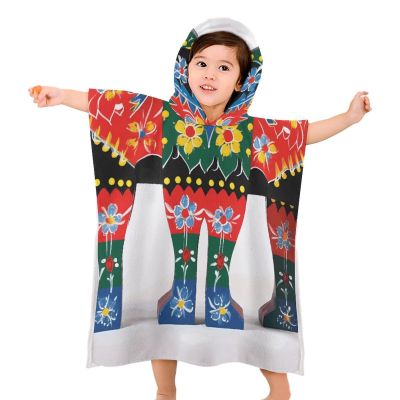 BWQJKUO Kids Beach Towel for Boys Girls, Runner Swedish Dala Horse Folk Printed Hooded Bath Towel Wrap, Toddler Pool Towel with Hood