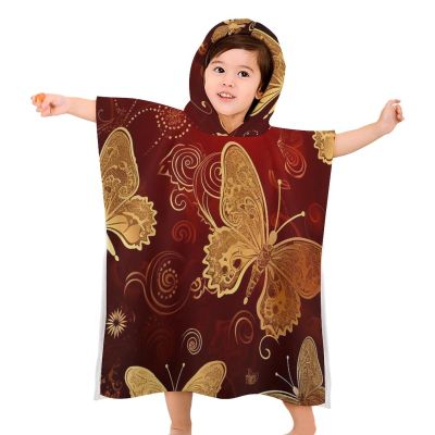 BWQJKUO Kids Beach Towel for Boys Girls, Valentine Hearts Golden Butterfly Printed Hooded Bath Towel Wrap, Toddler Pool Towel with Hood