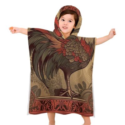 BWQJKUO Kids Beach Towel for Boys Girls, Old Rooster Illustration Printed Hooded Bath Towel Wrap, Toddler Pool Towel with Hood