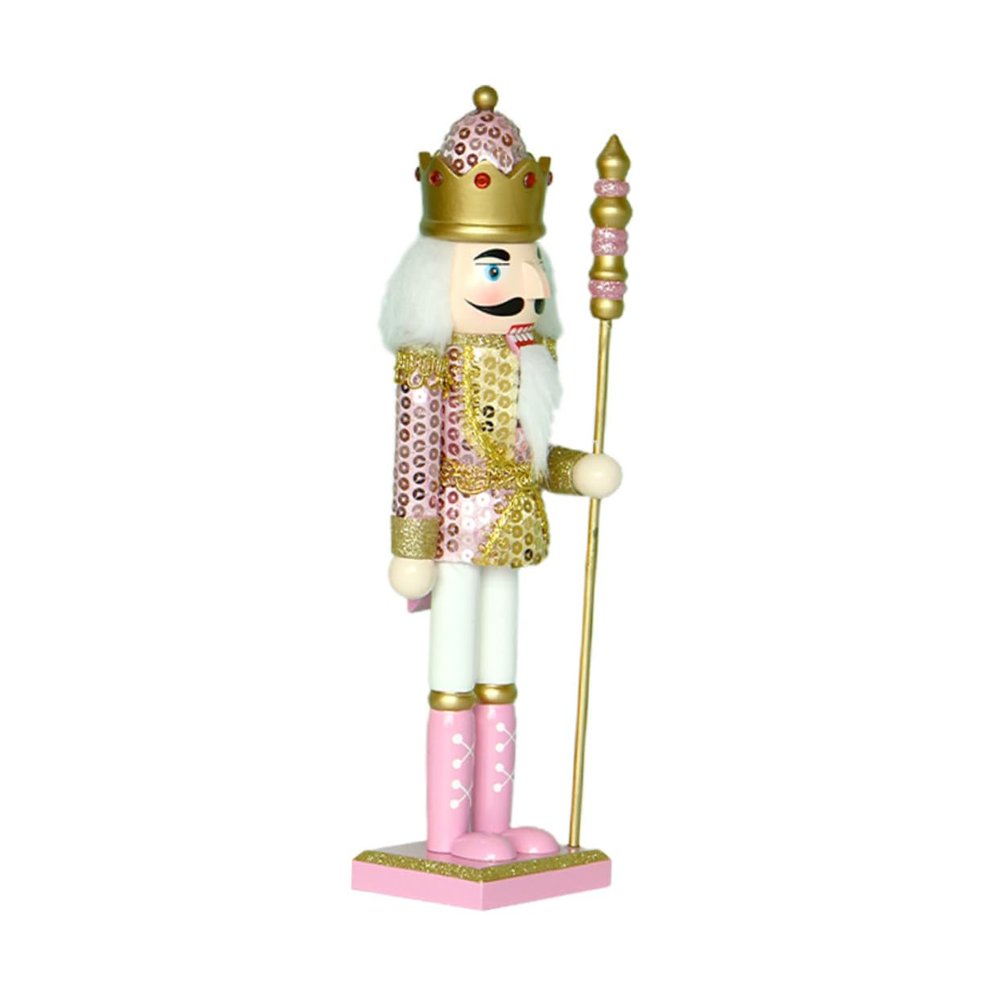 GLEAVI Christmas Nutcracker Figure Decoration Pink Wooden Sequins King Ornament for Xmas Scene Home Festive Display Lightweight and Holiday Adornment for Office Store Hotel Bar