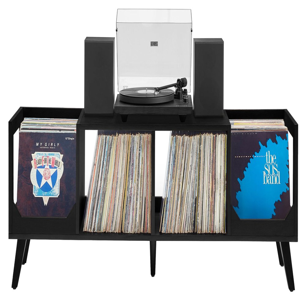 Crosley Furniture Asheville Mid-Century Modern Media Console Record Player Stand, Storage for Vinyl Records, Black