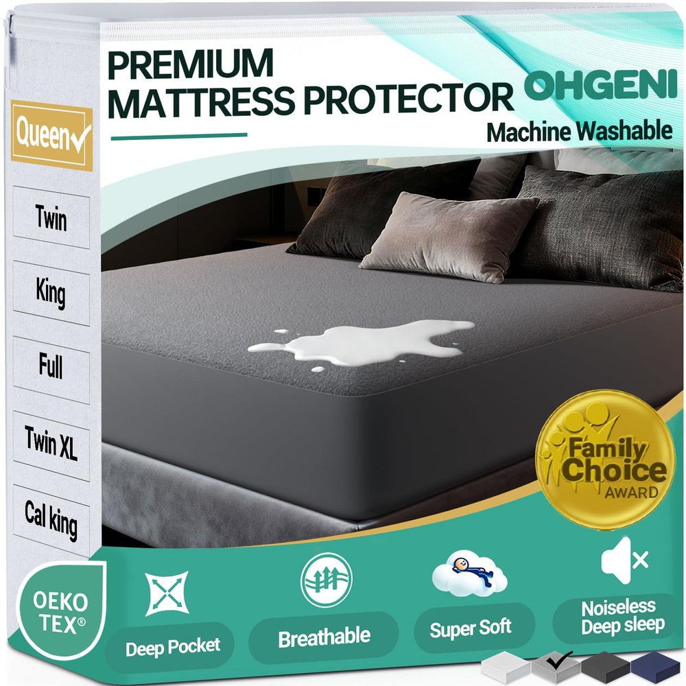 OhGeni Waterproof Mattress Protector, Queen Size Mattress Pad Fitted with Deep Pocket 6"-18", Breathable Noiseless & Soft, Washable Dirt-Proof Mattress Cover for Home, Hotel, Gray, Daybed Cover