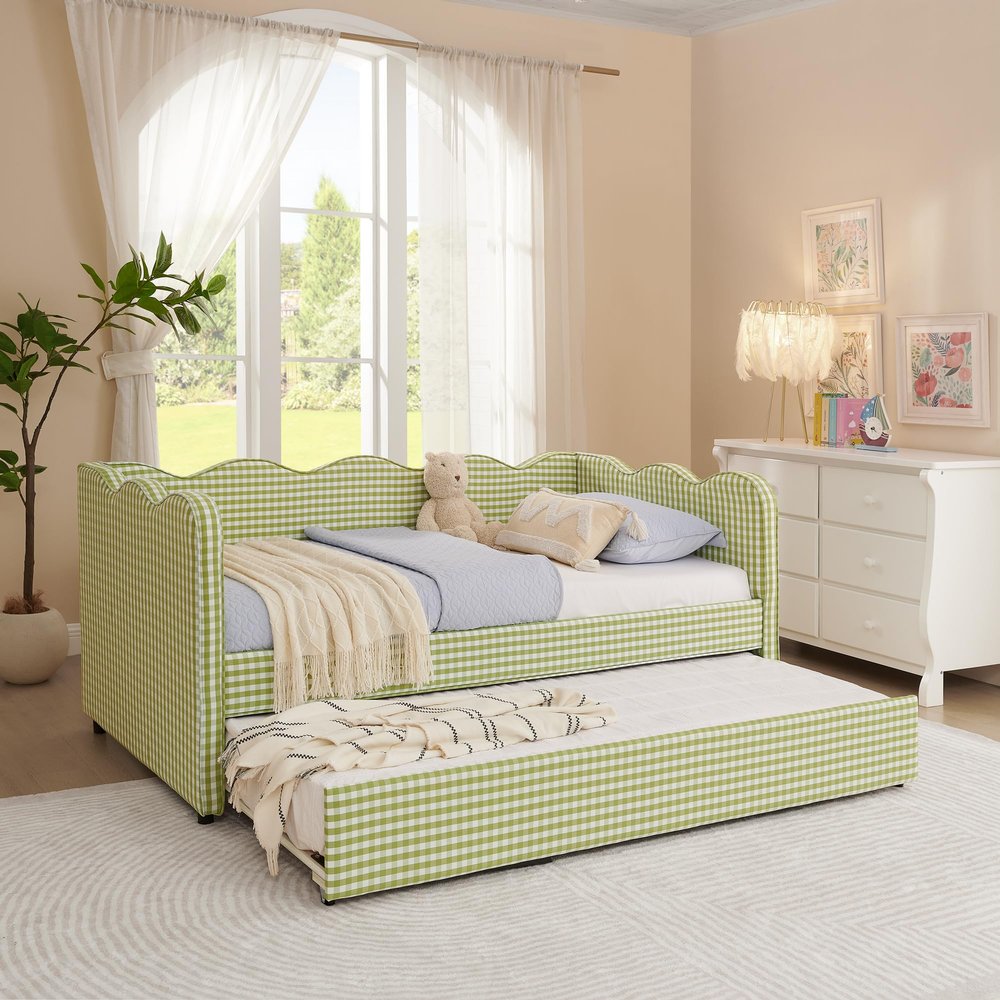 DEINPPA Twin Size Gingham Daybed with Trundle and USB Ports-Green