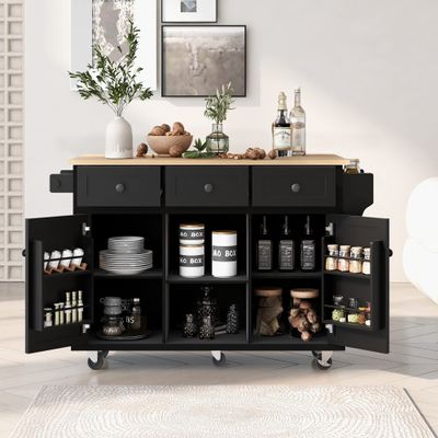Fnecan Kitchen Island Cart with Rubber Wood Drop-Leaf Countertop, MDF Mobile Kitchen Island On 5 Wheels with 3 Drawers Cabinet, Adjustable Shelves, Towel and Spice Rack for Dining Room