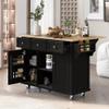 Fnecan Kitchen Island Cart with Rubber Wood Drop-Leaf Countertop, MDF Mobile Kitchen Island On 5 Wheels with 3 Drawers Cabinet, Adjustable Shelves, Towel and Spice Rack for Dining Room view 2