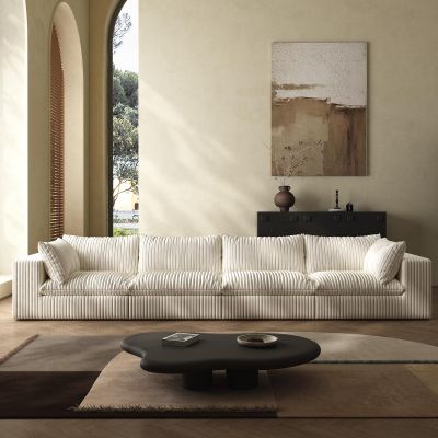 118-inch Boneless Cloud Sofa, Modular Corduroy Sectional Couch with Full Foam Compression for Living Room Bedroom Apartment, No Assembly Required (White, 4 Seater)