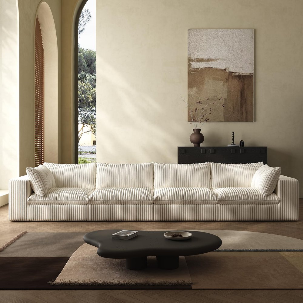 118-inch Boneless Cloud Sofa, Modular Corduroy Sectional Couch with Full Foam Compression for Living Room Bedroom Apartment, No Assembly Required (White, 4 Seater)