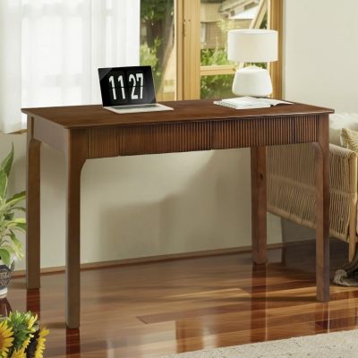 47.2'' Solid Wood Desk with 2 Drawers, Mid Century Modern Home Writing Office Wooden Desk ,Vintage Computer Table with Storage for Living Room, Bedroom, Fluted Design Brown (Walnut, 47.2 Inch)