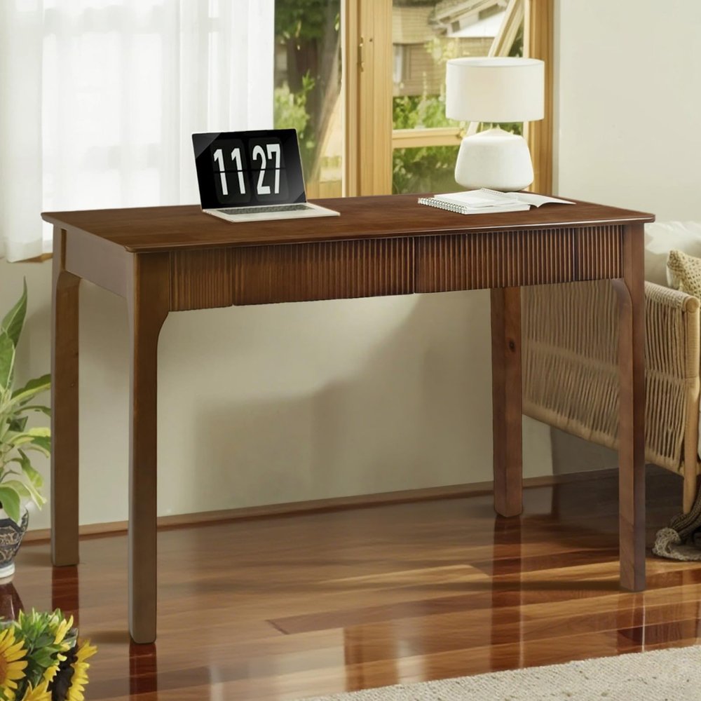 47.2'' Solid Wood Desk with 2 Drawers, Mid Century Modern Home Writing Office Wooden Desk ,Vintage Computer Table with Storage for Living Room, Bedroom, Fluted Design Brown (Walnut, 47.2 Inch)