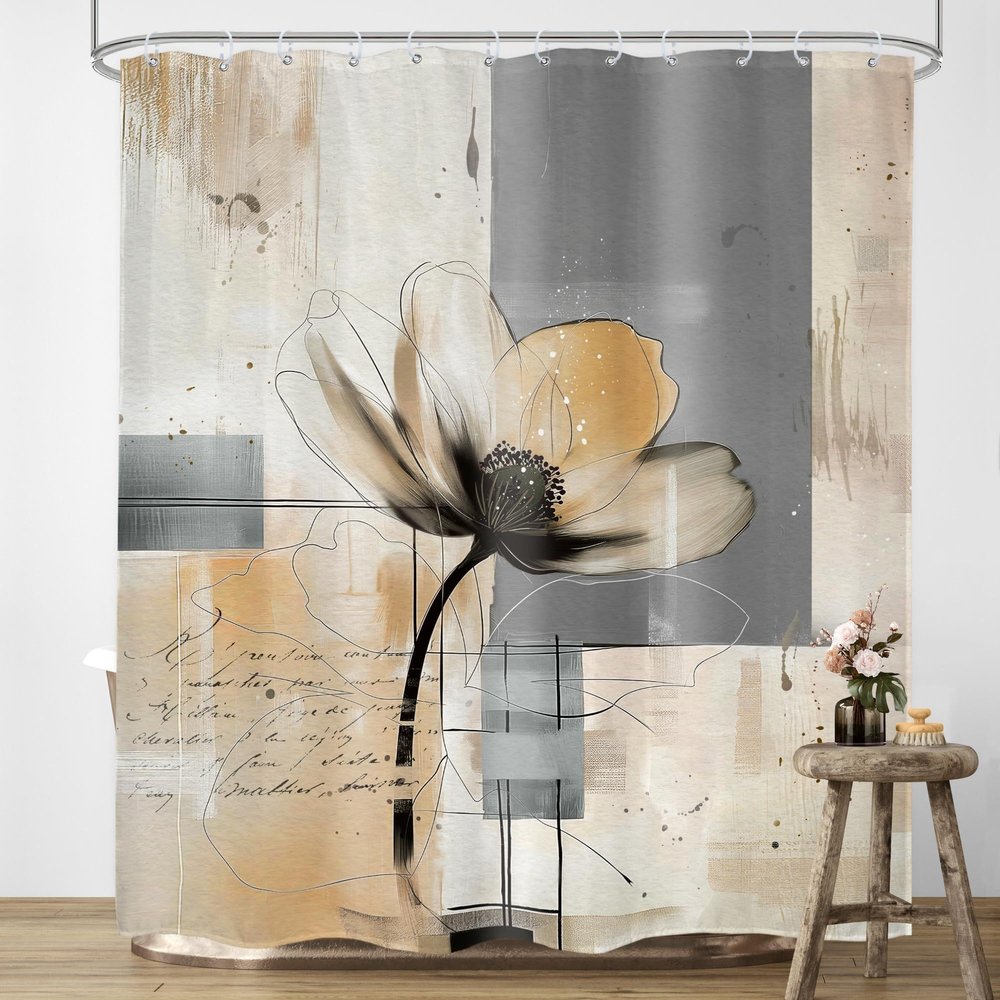 UIYIUI Modern Abstract Geometric Flower Shower Curtain 36x84in92x214cm Grey Gray Brown Tan Oil Painting Contemporary Art Cloth Fabric Polyester Bathroom Curtain for Shower Stall Bathtubs Restroom