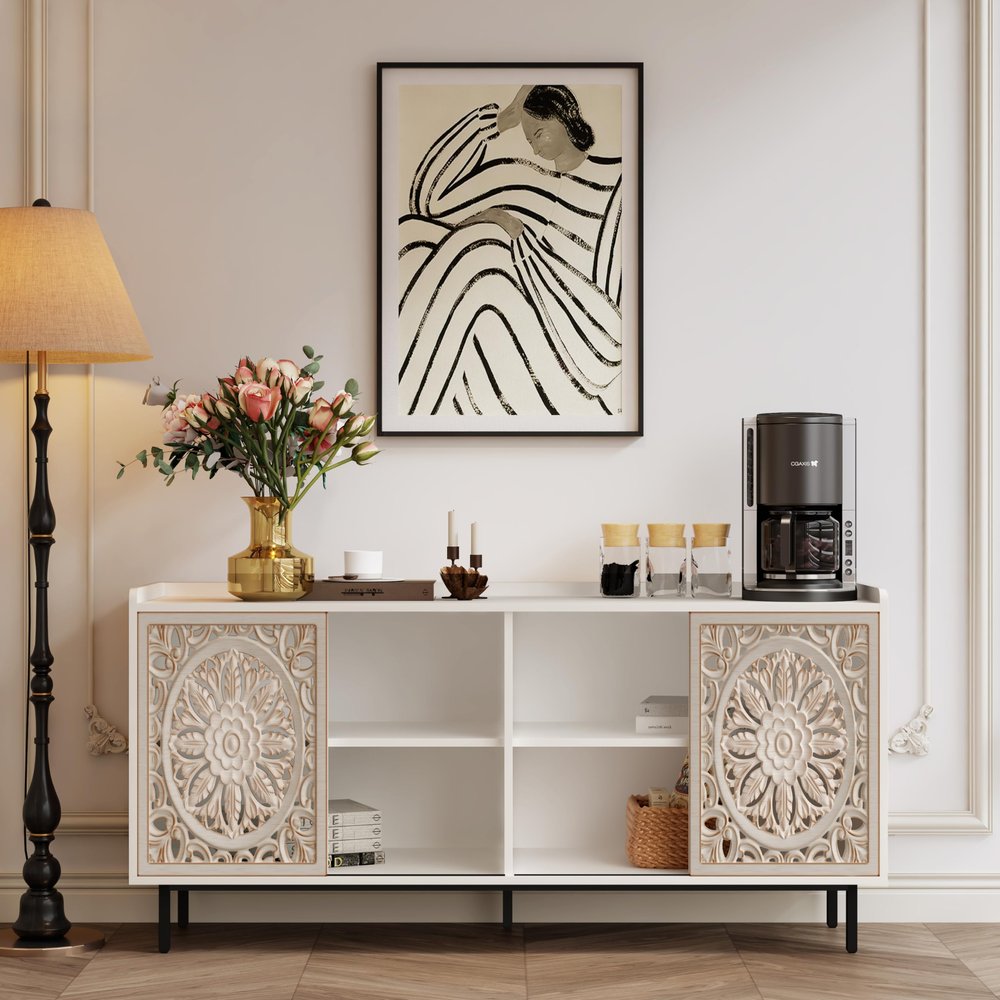 cattino Mid Century Modern TV Stand Curio Cabinet Sideboard Buffet Storage Console Table White for Living Room Kitchen Entryway