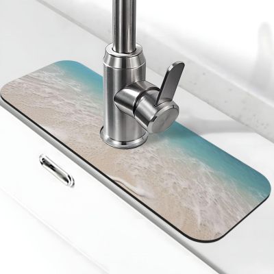 Beach Clear Sea Sand Faucet Mat for Kitchen Sink - 2025 Premium Upgrade: Super Absorbent Diatomite Fast Drying Faucet Suction Pad Washable Kitchen Sink Splash Guard 5.5"15"