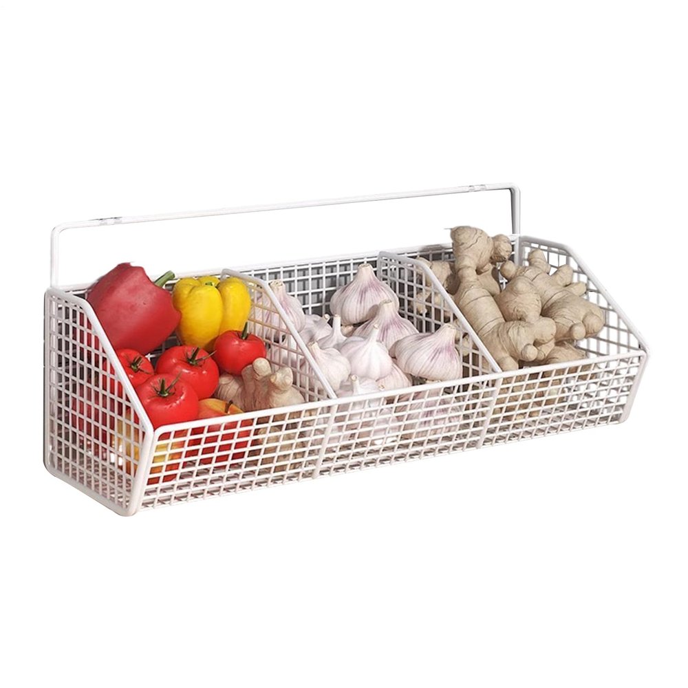 3-Compartment Storage Baskets, Hanging Wall Baskets, Stainless Steel Kitchen Rack, Onion/Garlic Organizer, Drainage Prevent Moisture, Pantry Storage Solution