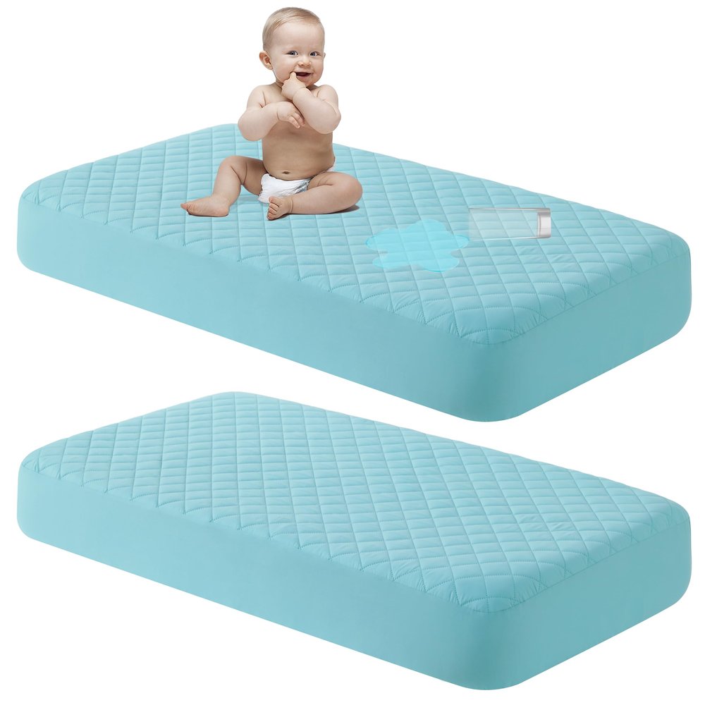 2 Pack Quilted Waterproof Crib Mattress Pad Cover, Machine Washable, Breathable and Soft Mattress Protector Fits Crib, Nursery, Daycare, Cot, 28x52 Inches, Light Blue