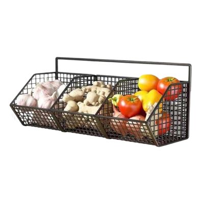 3-Compartment Storage Baskets, Hanging Wall Baskets, Stainless Steel Kitchen Rack, Onion/Garlic Organizer, Drainage Grooves Prevent Moisture, Pantry Storage Solution