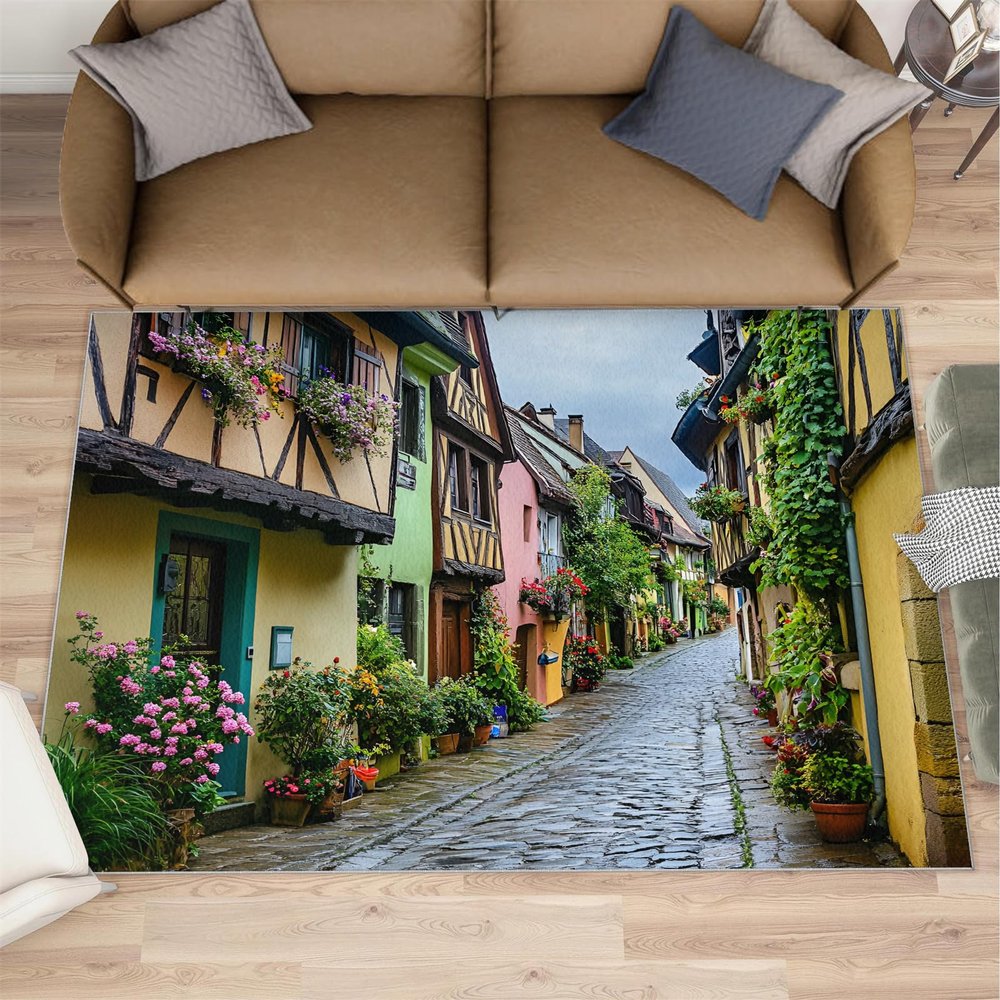 2x3 Tuscan Town Rug - Italian Landscape Doormat Outdoor Entrance, Small Town Street Scenery Laundry Room Carpet Non Slip Accent Throw Rugs for Bathroom Kitchen Sink Front Door