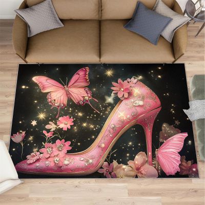 2x3 Pink Floral High Heel Rug - Butterfly Stiletto Doormat Outdoor Entrance, Fantasy Fashion Poster Laundry Room Carpet Non Slip Accent Throw Rugs for Bathroom Kitchen Sink Front Door