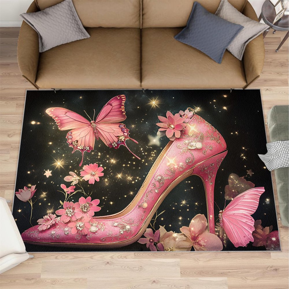 2x3 Pink Floral High Heel Rug - Butterfly Stiletto Doormat Outdoor Entrance, Fantasy Fashion Poster Laundry Room Carpet Non Slip Accent Throw Rugs for Bathroom Kitchen Sink Front Door