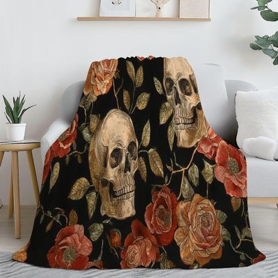 Throw Blanket for Couch Embroidery Vintage Skull Roses Seamless Gothic romanntic 60"x80" Soft Cozy Plush Oversized Blankets Fluffy Flannel Shawls and Wraps Lightweight Home Decor for Bed