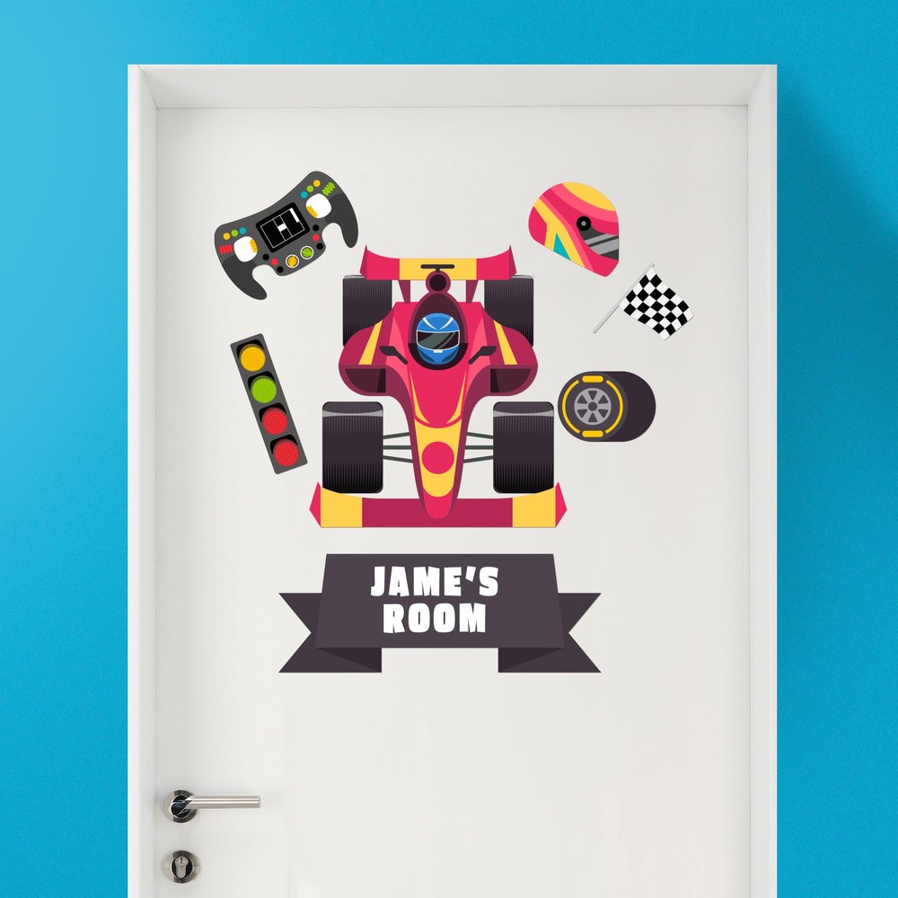 EGD Custom Race Car Door Decal with Name | Door Decals for Bedroom or Nursery | Personalized Vinyl Wall Decal for Kids Room | Fun Speedy Theme Wall Stickers for Boys (C. Race Car)