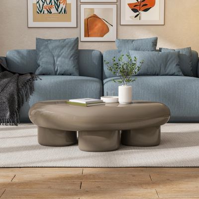 24/7 Shop at Home Kavren Modern 37-inch Oval Glossy Low Profile Coffee Table, Stone Shape Living Room Furniture for Small Space, Dark Brown