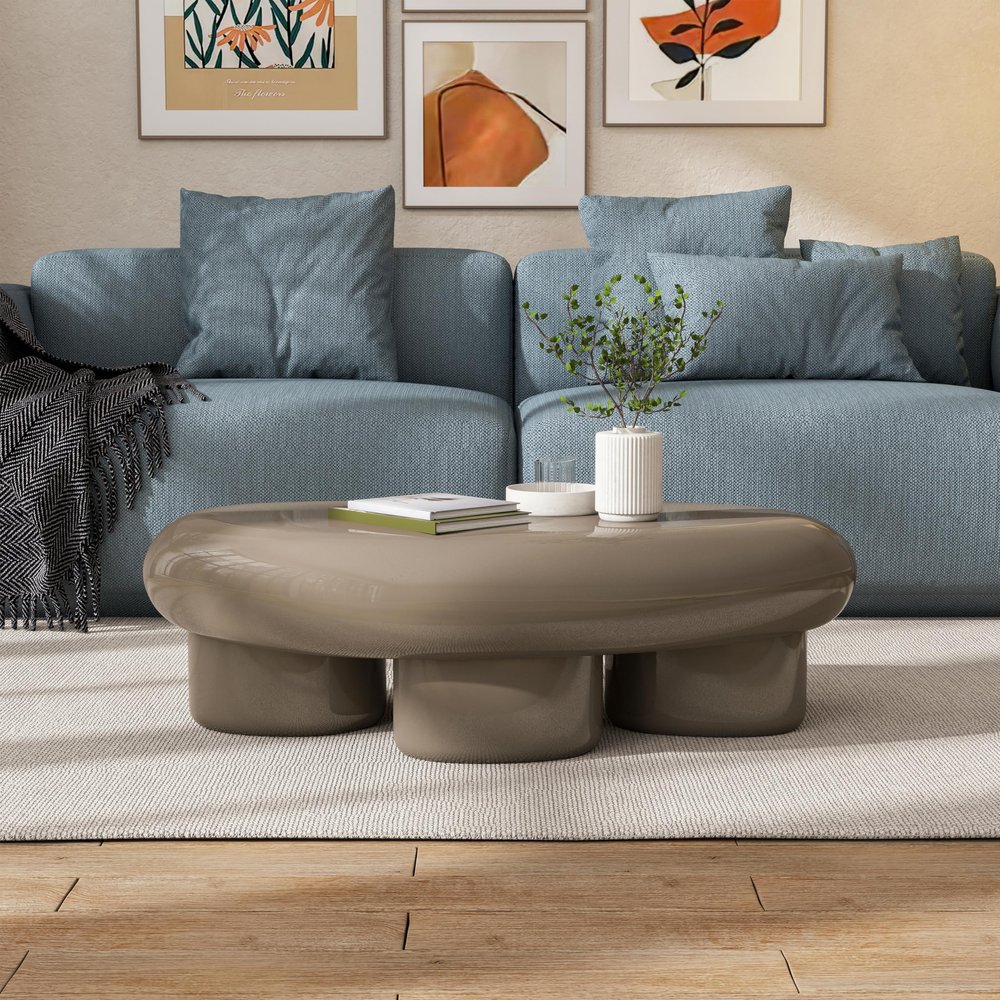 24/7 Shop at Home Kavren Modern 37-inch Oval Glossy Low Profile Coffee Table, Stone Shape Living Room Furniture for Small Space, Dark Brown