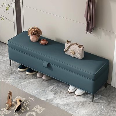 Faux Leather Storage Ottoman Bench, Upholstered End of Bed Storage Bench, Shoe Bench, Bedroom Storage (Grey, 80x40x45cm)(Blue,39x16x18inch)