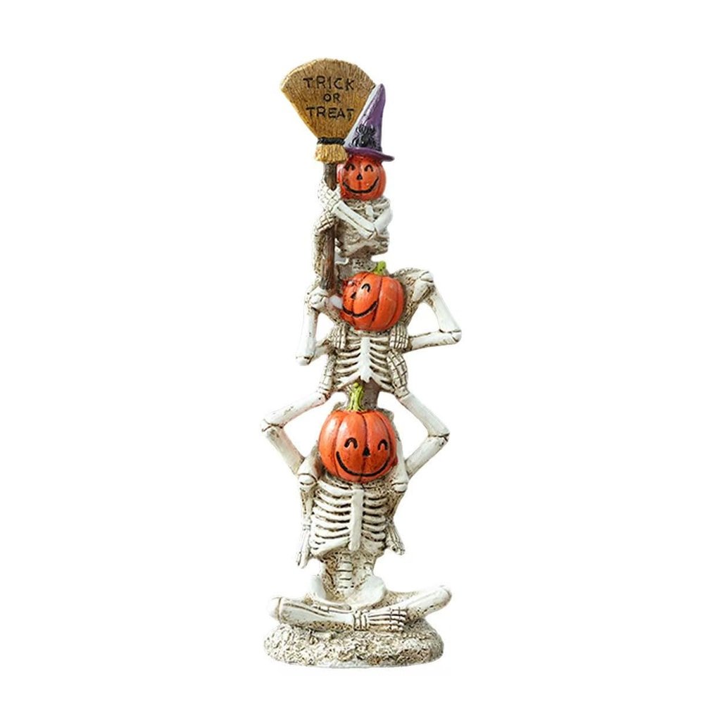 Rekeell Halloween Stacked Skeleton Pumpkin Head Figurine, Trick or Treat Sign, Holiday Home Decor