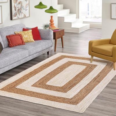 DANGAYACH ART 2.6x5 Ft White & Natural Jute Area Rug, Handmade Rustic Fiber Floor Mat, Durable & Pet-Friendly Rug for Living Room, Dining Room, Bedroom and Hallways & Entryways