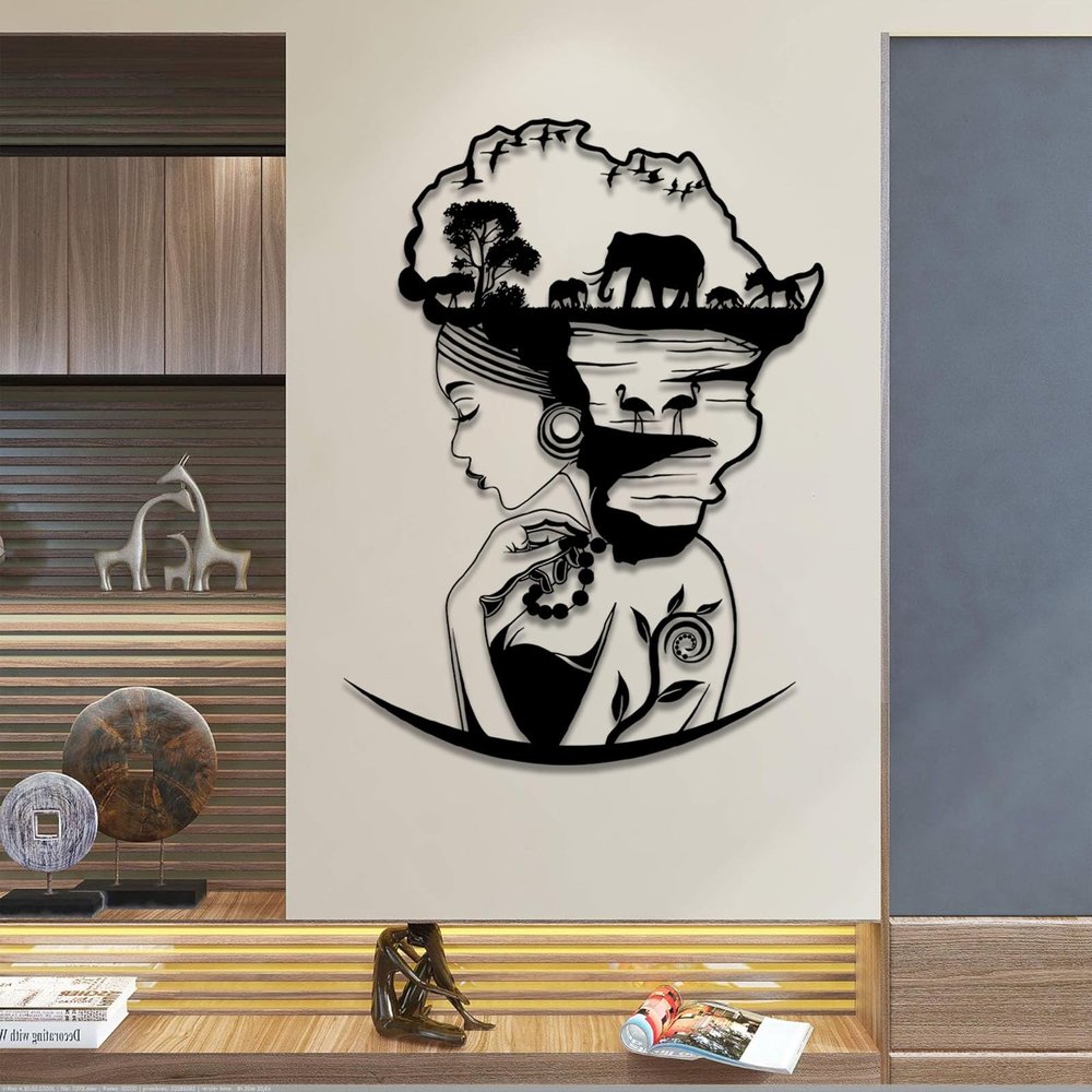 African Woman Map Metal Wall Art, Africa Map Metal Wall Decor, African Animals Wall Art, Africa Jungle Wall Hanging, Safari Wall Sculpture, Black Women Silhouette Home Decor (Black, 30"x22"/76x57cm)