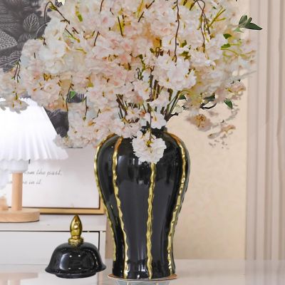 SUZEPER Luxurious Ceramic Ginger Jar Vase with Lid,Europe Large White and Gold Vase for Centerpiece,Vintage Ginger Vases for Home, Wedding, Party Decor(6.3" W12" H, Black Gold)