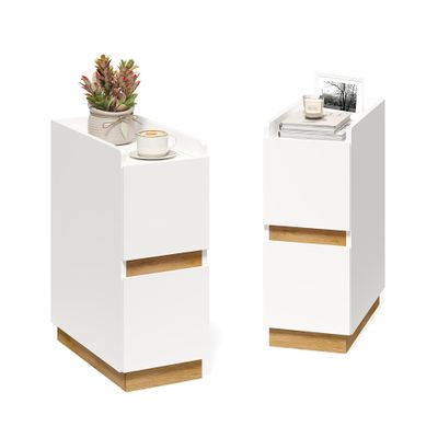 DAELIFKER Narrow Night Stands, Modern Slim Nightstand Set of 2, Wooden Skinny Bedside Table 2 Drawers, Stackable Narrow Side Table with Drawers for Small Spaces, Bedroom, Living Room, White