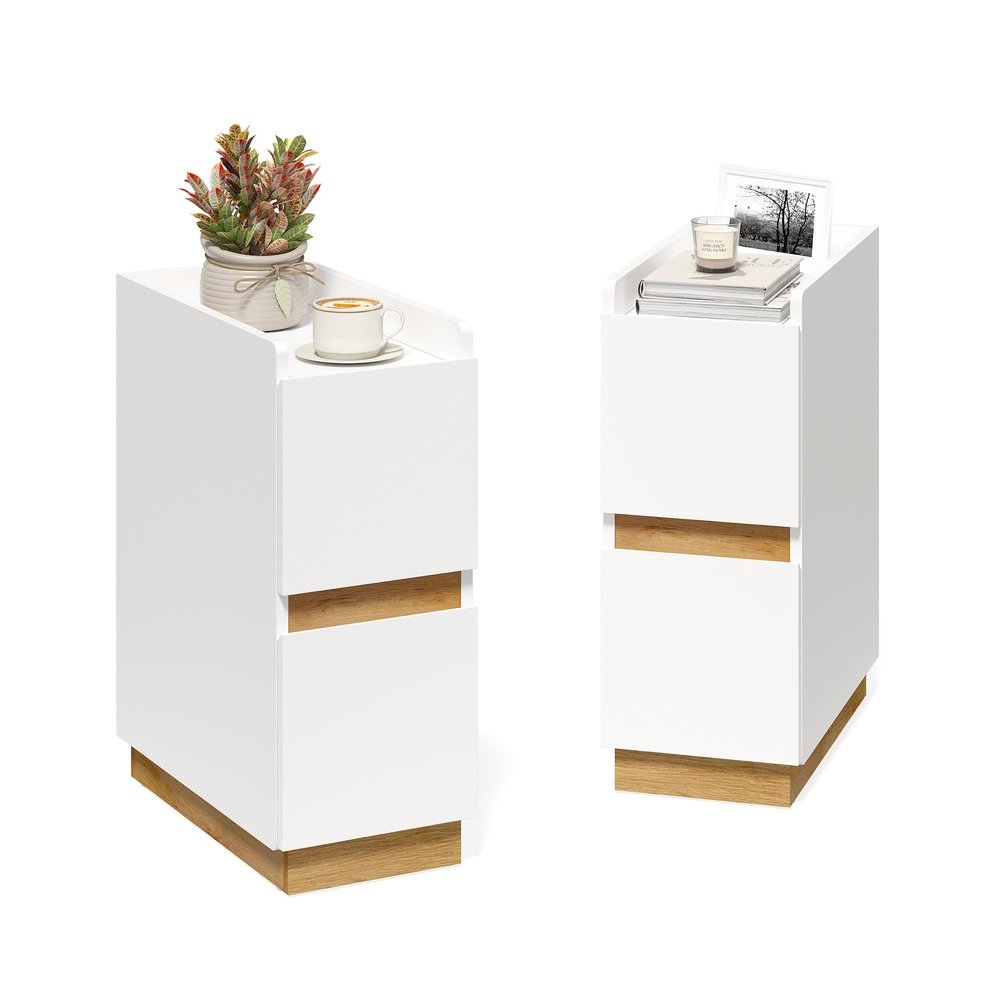 DAELIFKER Narrow Night Stands, Modern Slim Nightstand Set of 2, Wooden Skinny Bedside Table 2 Drawers, Stackable Narrow Side Table with Drawers for Small Spaces, Bedroom, Living Room, White