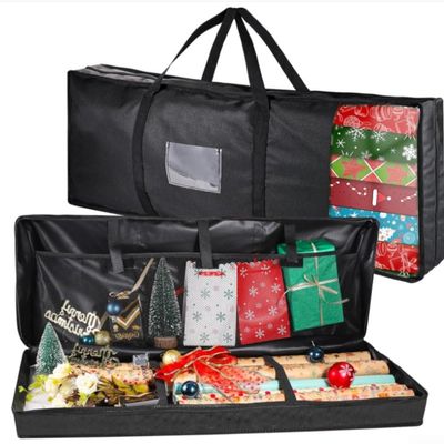 Waterproof Oxford fabric storage bag with customizable compartments and reinforced base, perfect for organizing wrapping paper and holiday decoration accessories