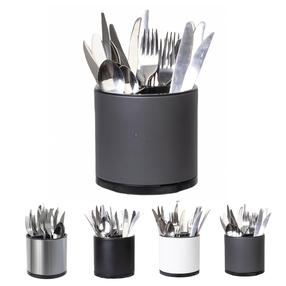 LIBODOUR Silverware Organizer Kitchen Utensil Holder 360Rotating For Counter Organizer Stainless Steel Storage Silverware Caddy 3 Compartment Flatware Spoon Spatula Tool Cutlery Container(Grey)
