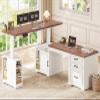 SEDETA Farmhouse L Shaped Electric Standing Desk, 63" x 67" Height Adjustable Home Office Executive Desk with Drawers and Shelves, Standing Computer Desks with Power Outlet for Home Office, White view 1