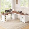 SEDETA Farmhouse L Shaped Electric Standing Desk, 63" x 67" Height Adjustable Home Office Executive Desk with Drawers and Shelves, Standing Computer Desks with Power Outlet for Home Office, White view 3