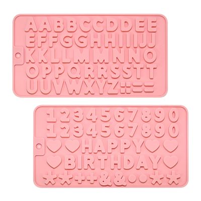 2 PCS Silicone Letter Molds and Number Molds for Chocolate, Reusable Alphabet Candy Molds with Happy Birthday Symbols for Cake, Cookies, Ice Cubes