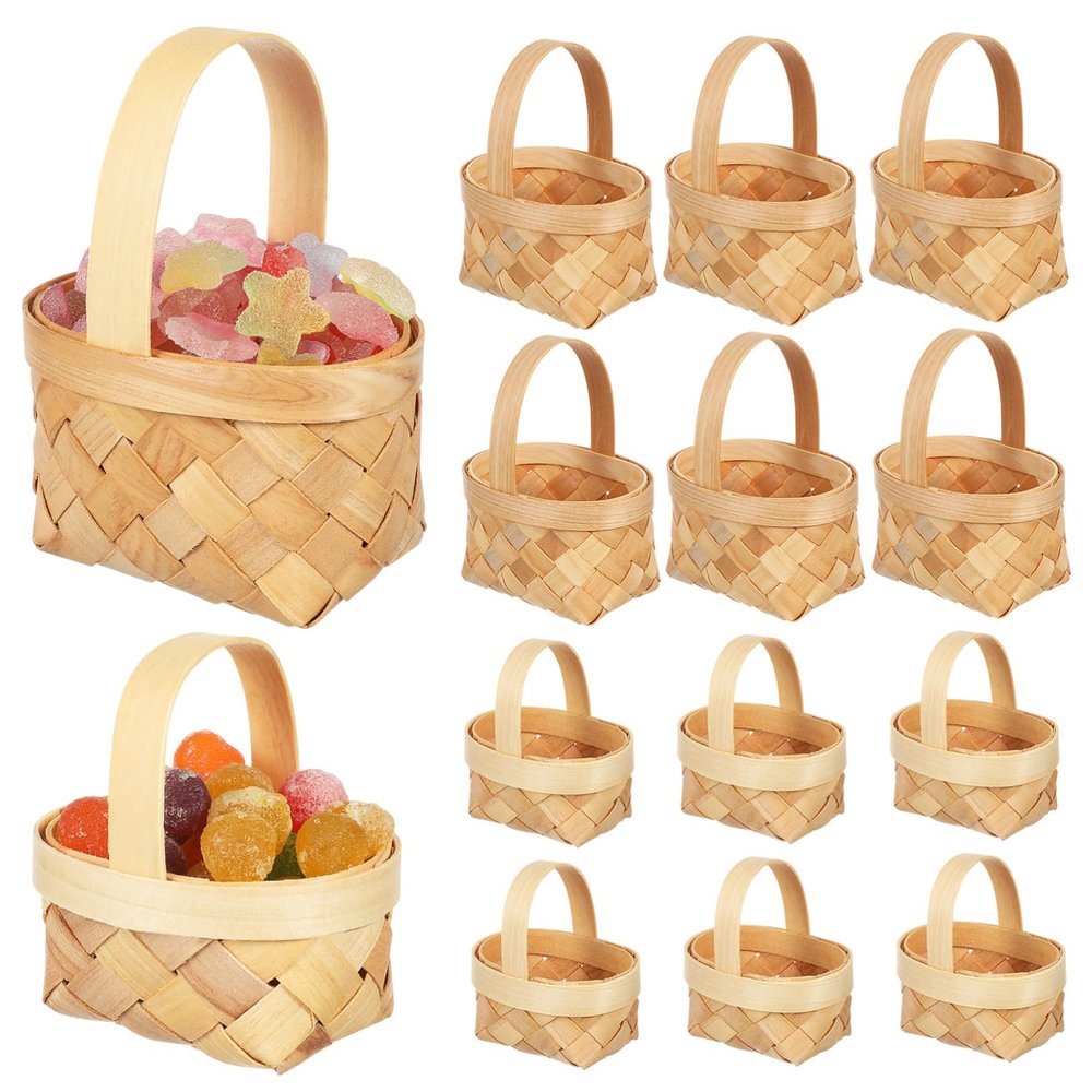 Ciieeo 12 Pcs Handmade Mini Woven Wooden Baskets Small and Medium Sturdy Portable Craft Baskets for Party Favors Candy Picnic and Home Decor