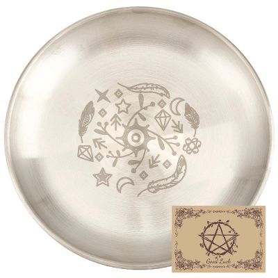 CREATCABIN Evil Eye Offering Bowl Altar Ritual Plate Dish Stainless Steel Silvery Flat Bowl Round Jewelry Tray Tarot Plate Ring Holder Trinket with Card for Smudging Decoration 5.55Inch
