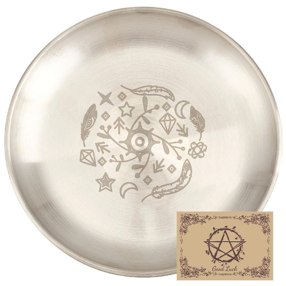 CREATCABIN Evil Eye Offering Bowl Altar Ritual Plate Dish Stainless Steel Silvery Flat Bowl Round Jewelry Tray Tarot Plate Ring Holder Trinket with Card for Smudging Decoration 5.55Inch
