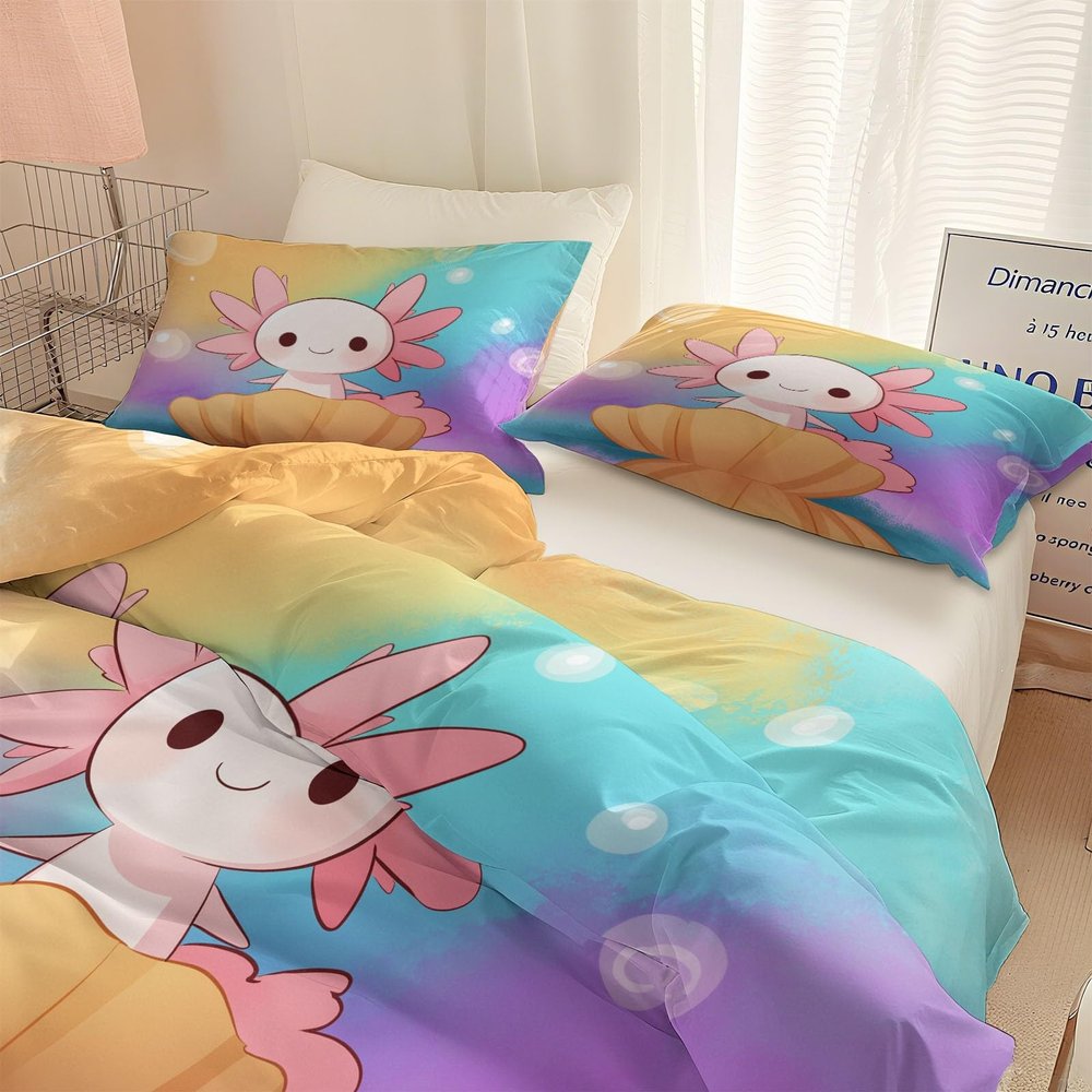 Cartoon Salamander with Seashell Duvet Cover Set Full Reversible Rainbow Bedding Set, Luxury Hotel Quality 3 Pieces Duvet Comforter Cover - Soft Breathable Brushed Microfiber Bedding