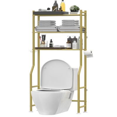 Livilord 3-Tier Over The Toilet Storage, Freestanding Metal Bathroom Shelves with 4 Hooks, Over Toilet Storage Shelf with Paper Holder, Above The Toilet Shelf for Bathroom Storage, Gold