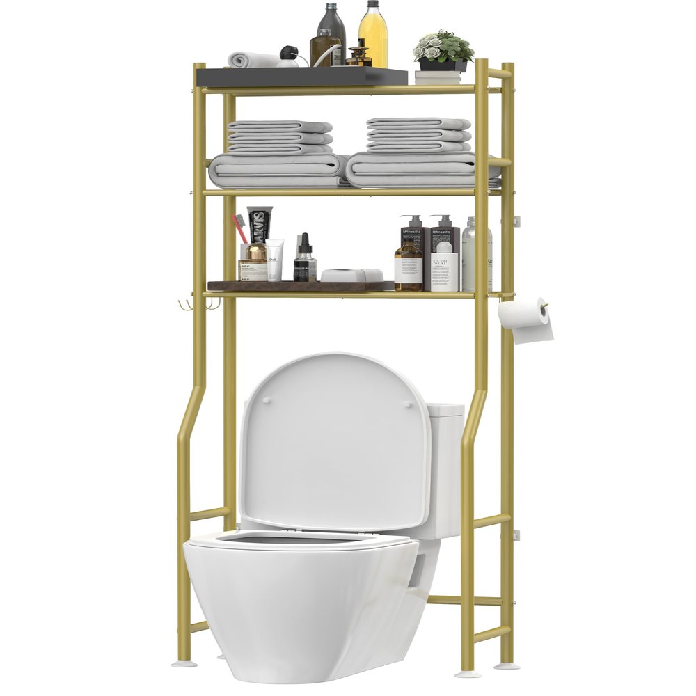 Livilord 3-Tier Over The Toilet Storage, Freestanding Metal Bathroom Shelves with 4 Hooks, Over Toilet Storage Shelf with Paper Holder, Above The Toilet Shelf for Bathroom Storage, Gold