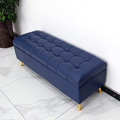Blue Faux Leather Storage Bench, Thickened Upholstered End of Bed Seat with Storage, Stylish Home Living Furniture, 60x40x43cm, Ideal for Bedroom or Living Room