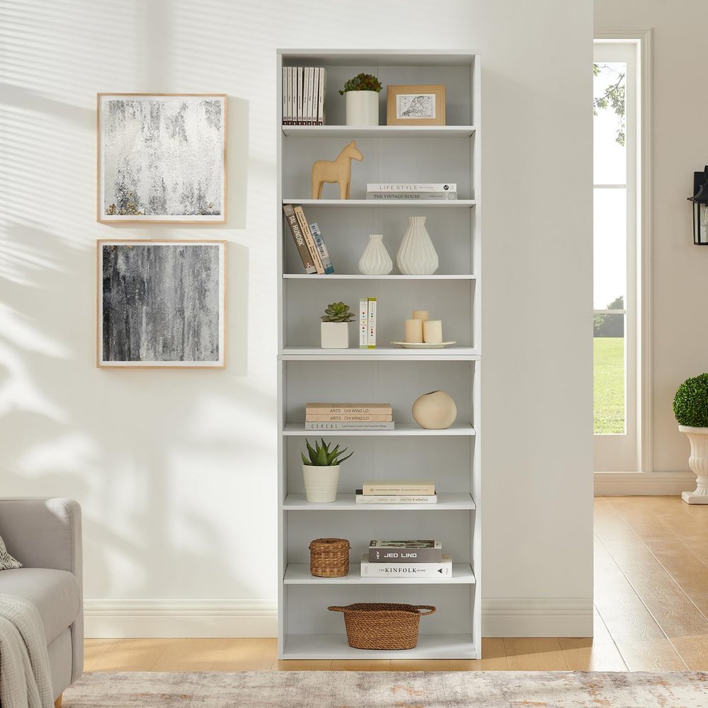 8-Tier CD/DVD Storage Tower with Adjustable Shelves Can Be Disassembled Into Two 4-layer Storage Bookcases Display Bookshelf Multi-Functional Double-Layer Bookcase for Home and Office (White+23.62W)