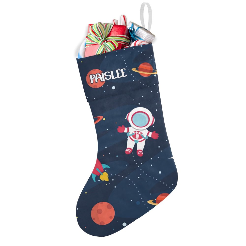 Astronaut Outer Space Rocket Ship Personalized Christmas Stocking with Name for Adult Kids Baby Pets,Custom Large Family Stockings for Boy Girl Christmas Xmas Party Holiday Decoration Gifts 1 Pack